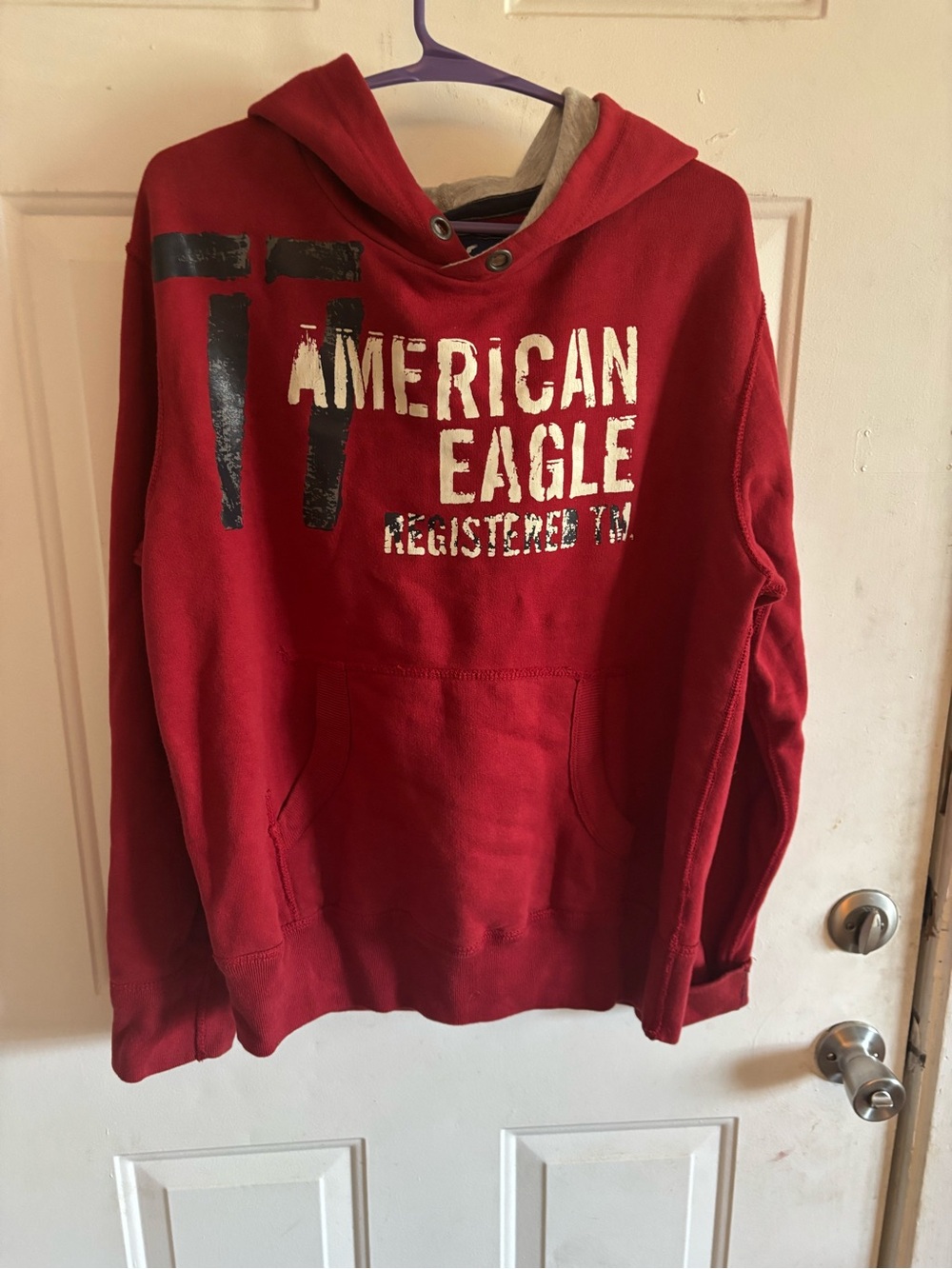 American Eagle Outfitters Red Pullover Hoodie with Contrast Inner Hood